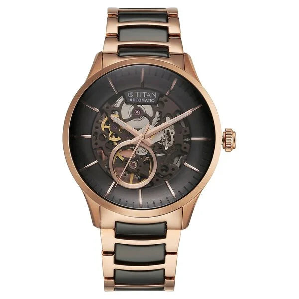 Titan Ceramic Fusion Automatic Black Dial Rose Gold Dual-Toned Stainless Steel Bracelet Watch for Men 90174kd03