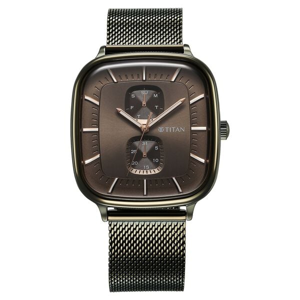 Titan Avant Garde Quartz Multifunction Brown Dial With Green Color Stainless Steel Strap Watch For Men 90178qm02