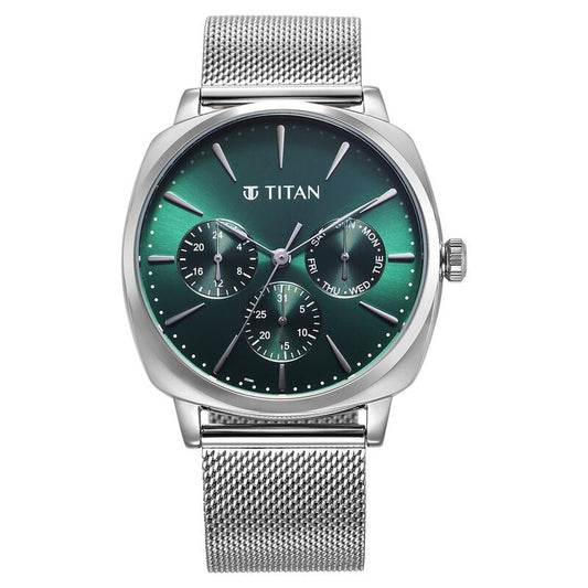 Titan Classique Suave Quartz Green Dial Silver Stainless Steel Mesh Strap Watch for Men 90189SM01