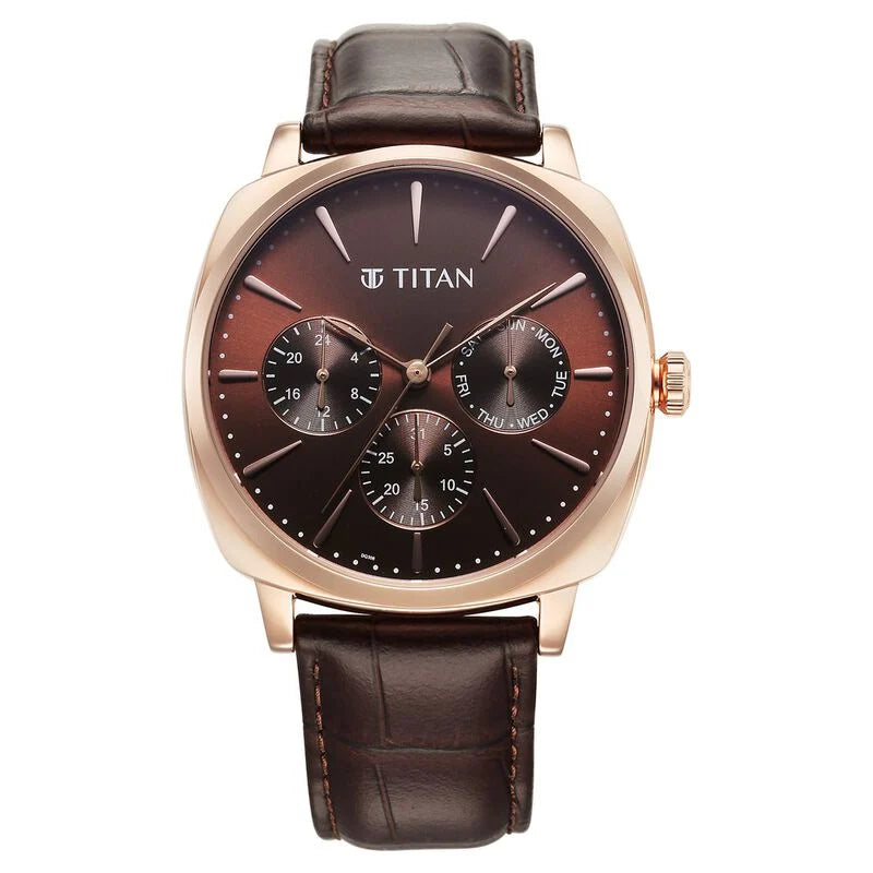 Titan Classique Suave Quartz Brown Dial Brown Leather Strap Watch for Men 90189WL01