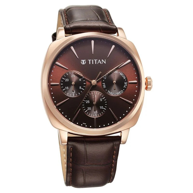 Titan Classique Suave Quartz Brown Dial Brown Leather Strap Watch for Men 90189WL01