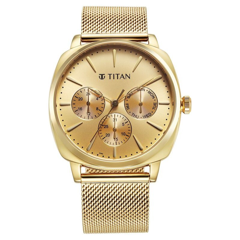 Titan Classique Suave Quartz Yellow Dial Golden Stainless Steel Mesh Strap Watch for Men 90189YM02