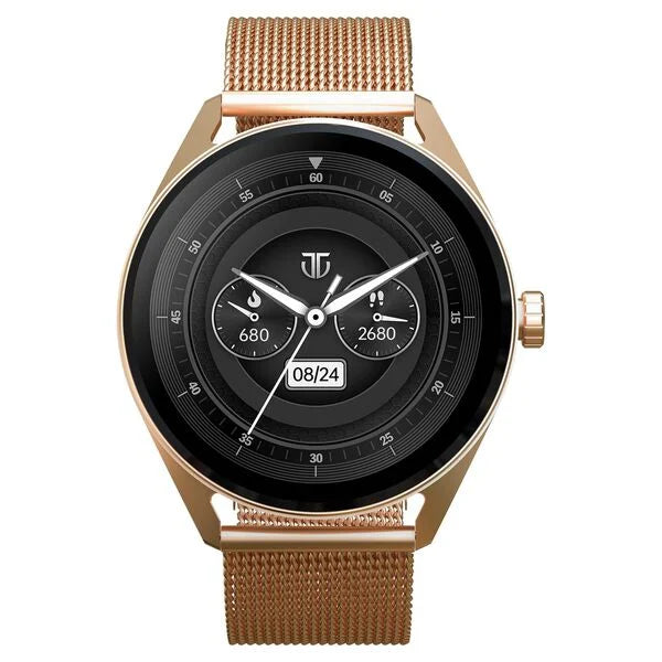 Titan Crest with 3.63 cm AMOLED Display and AOD, Functional Crown, BT Calling Smartwatch with Rose Gold Mesh Strap 90197am02