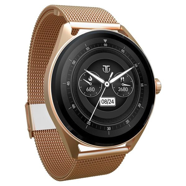 Titan Crest with 3.63 cm AMOLED Display and AOD, Functional Crown, BT Calling Smartwatch with Rose Gold Mesh Strap 90197am02