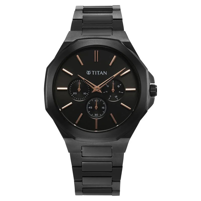 Titan Classic Slim Multifunction Quartz Multifunction Black Dial Stainless Steel Strap Watch For Men 90198NM01