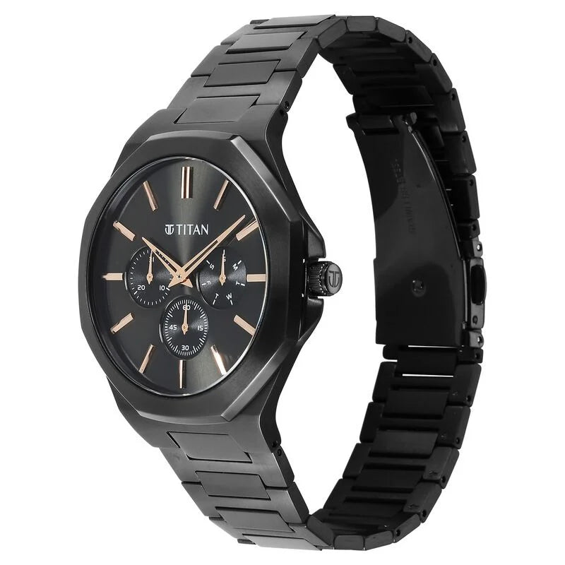 Titan Classic Slim Multifunction Quartz Multifunction Black Dial Stainless Steel Strap Watch For Men 90198NM01