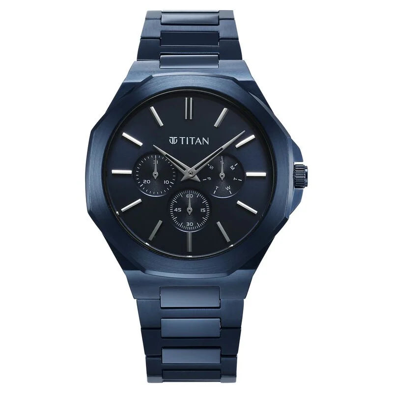 Titan Classic Slim Multifunction Quartz Multifunction Blue Dial Stainless Steel Strap Watch For Men 90198QM01