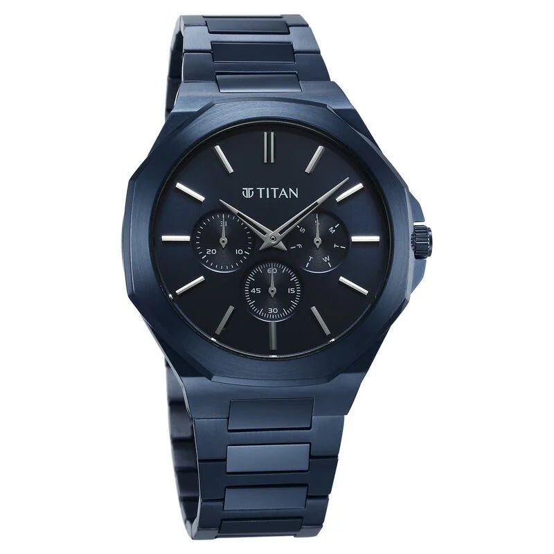 Titan Classic Slim Multifunction Quartz Multifunction Blue Dial Stainless Steel Strap Watch For Men 90198QM01