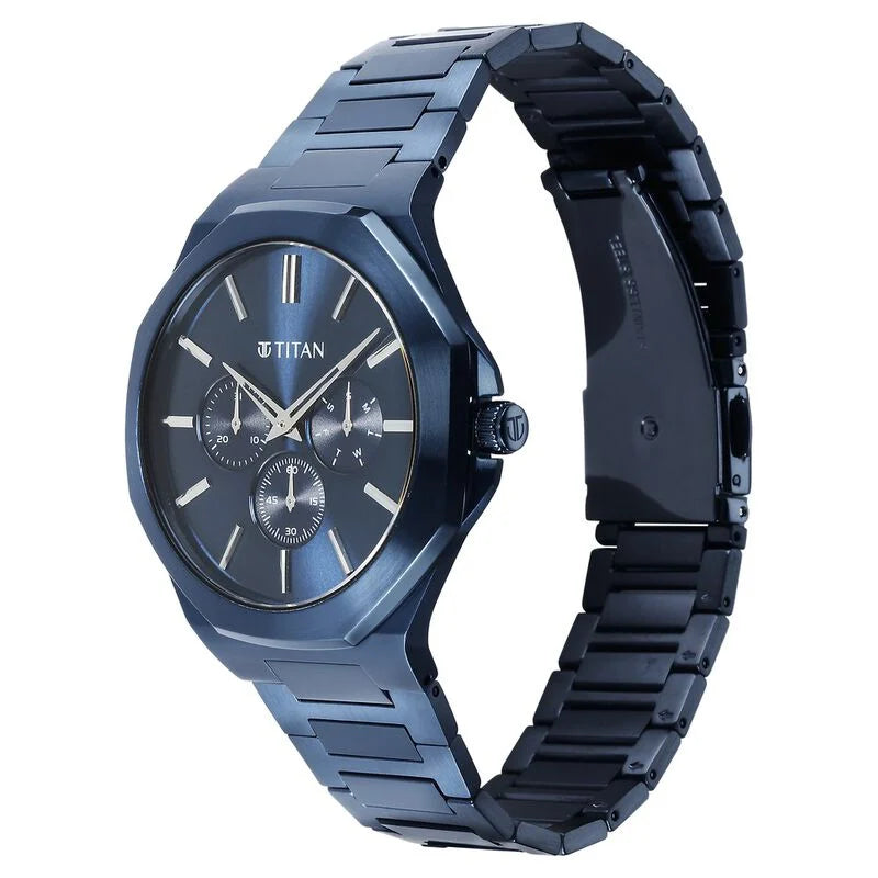 Titan Classic Slim Multifunction Quartz Multifunction Blue Dial Stainless Steel Strap Watch For Men 90198QM01