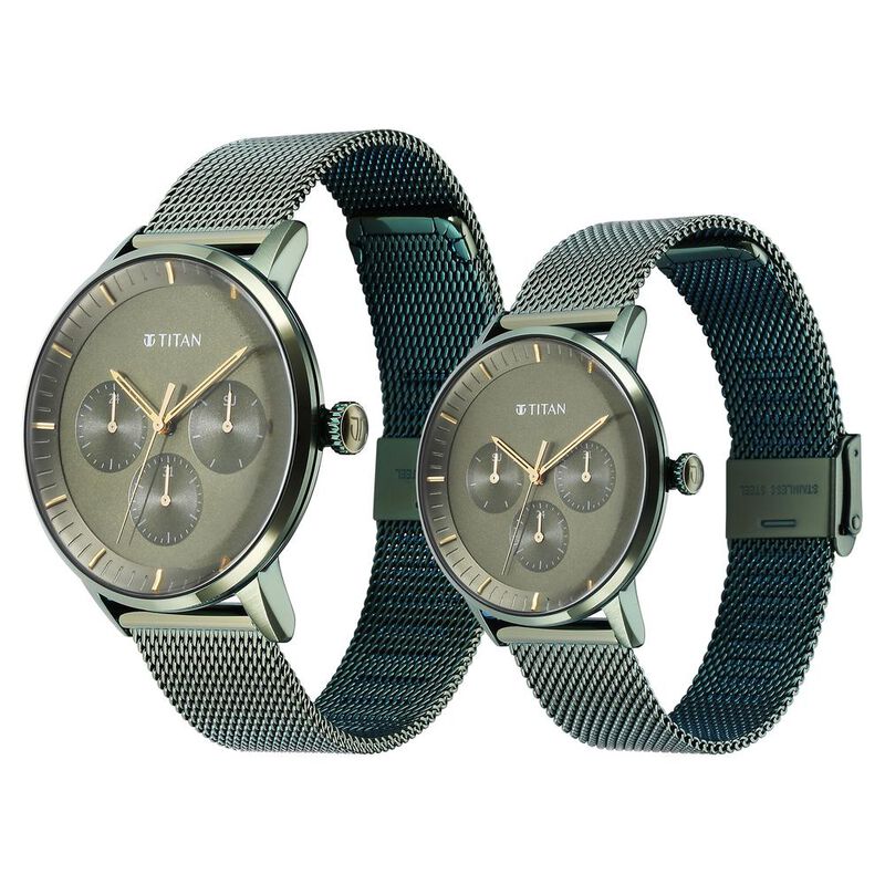 Titan Bandhan Green Dial Quartz Multifunction Stainless Steel Strap watch for Couple 9400694206QM02P