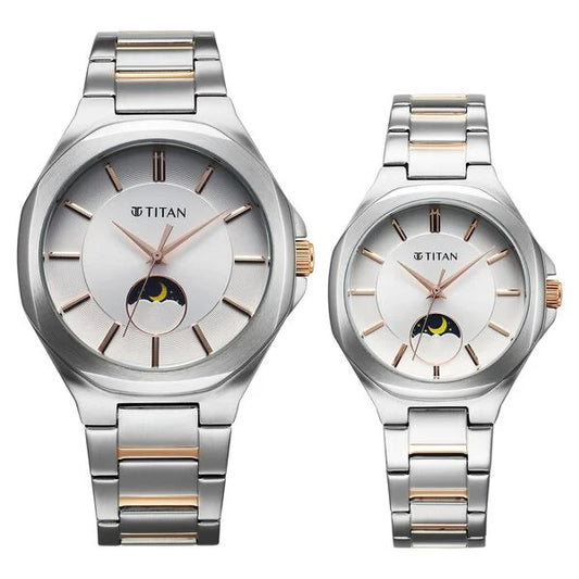 Titan Bandhan Quartz Analog Silver Dial Two Toned Stainless Steel Strap Watch For Couple 9400994209km01