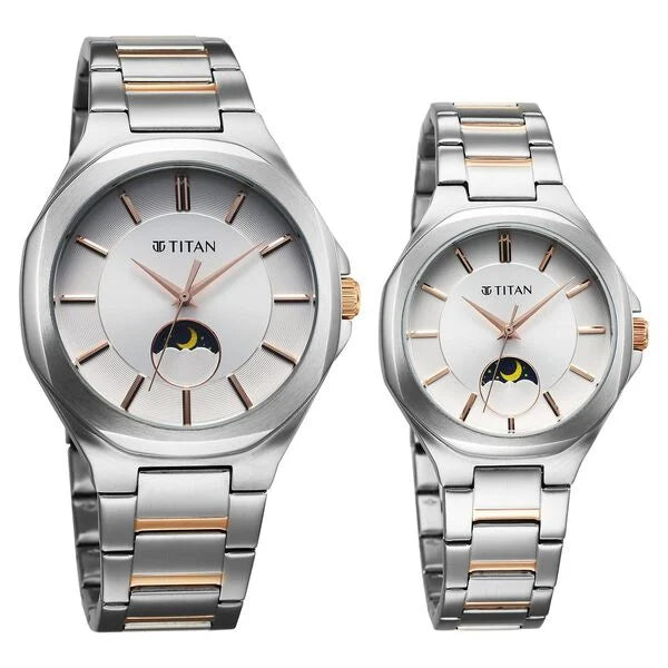 Titan Bandhan Quartz Analog Silver Dial Two Toned Stainless Steel Strap Watch For Couple 9400994209km01