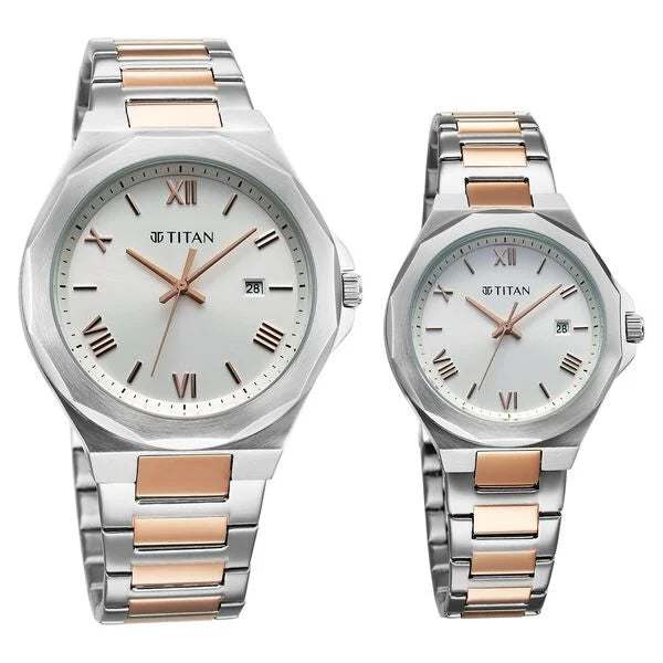 Titan Bandhan Quartz Analog with Date Silver Dial Two Toned Stainless Steel Strap Watch For Couple 9401094210km01