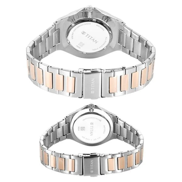 Titan Bandhan Quartz Analog with Date Silver Dial Two Toned Stainless Steel Strap Watch For Couple 9401094210km01