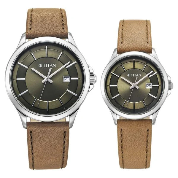 Titan Bandhan Quartz Analog with Date Green Dial Silver Stainless Steel Strap Watch For Couple 9401194211sl01