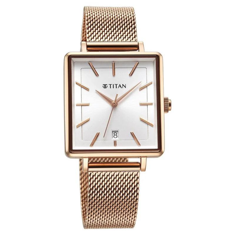 Titan Minimalists Quartz Analog with Date Silver Dial Rose Gold Stainless Steel Strap Watch for Women NS94205WM01 / 94205WM01