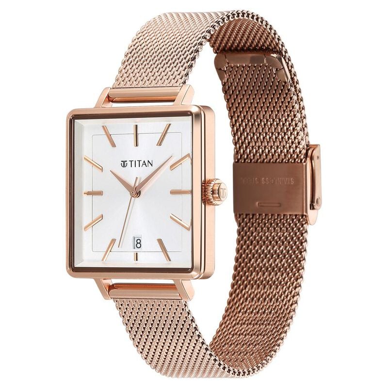 Titan Minimalists Quartz Analog with Date Silver Dial Rose Gold Stainless Steel Strap Watch for Women NS94205WM01 / 94205WM01