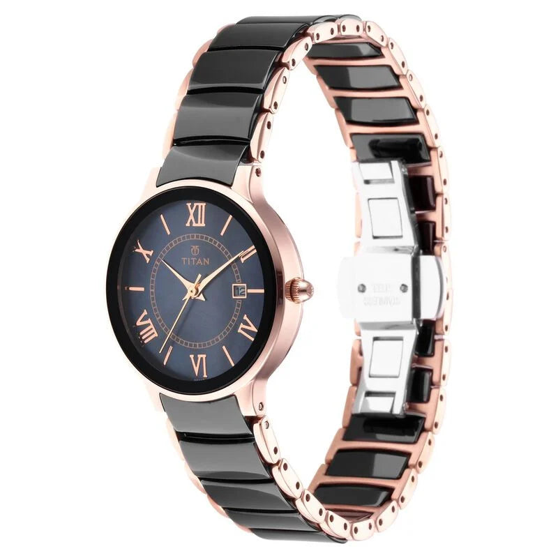 Titan Quartz Analog with Date Black Dial Stainless Steel & Ceramic Strap Watch for Women NS95016WD01  / 95016WD01