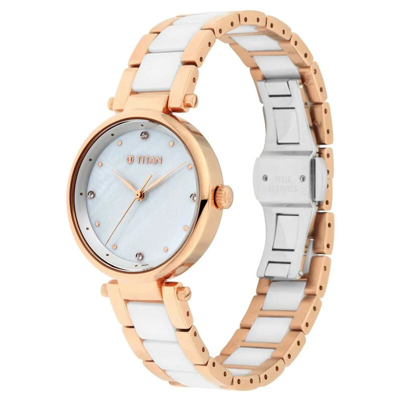 Titan Quartz Analog White Dial Ceramic Strap Watch for Women NS95061WD04 / 95061WD04