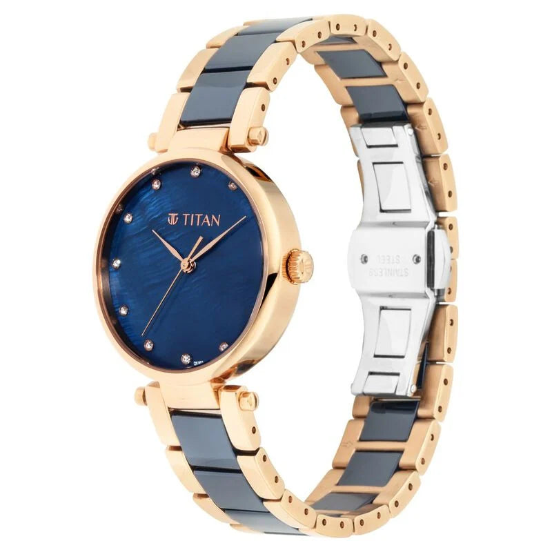 Titan Quartz Analog Blue Dial Ceramic Strap Watch for Women NS95061WD05 / 95061WD05