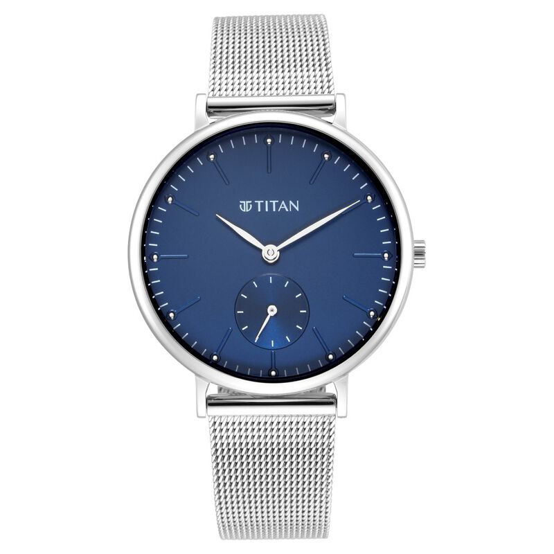 Titan Slimline Quartz Analog Offset Second Hand Blue Dial with Mesh Strap Watch for Women NS95142SM01 / 95142SM01