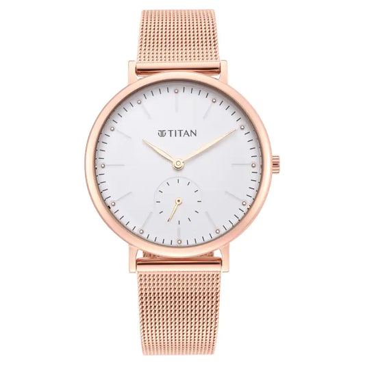 Titan Slimline White Dial Rose Gold Stainless Steel Strap Watch NP95142WM01