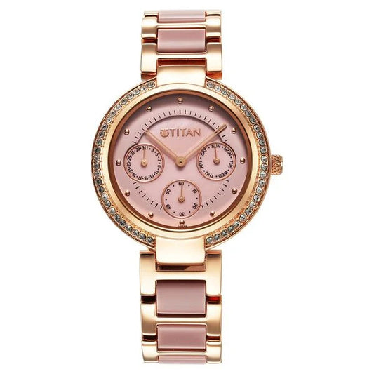 Titan Acetate Mother Of Pearl Quartz Multifunction Strap watch for Women 95187kd02