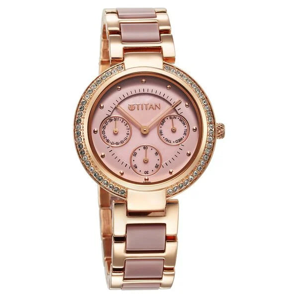 Titan Acetate Mother Of Pearl Quartz Multifunction Strap watch for Women 95187kd02