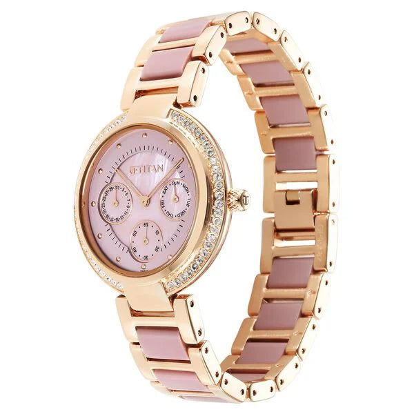 Titan Acetate Mother Of Pearl Quartz Multifunction Strap watch for Women 95187kd02