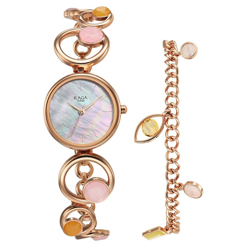 Titan Raga New You Quartz Analog Mother Of Pearl Citrine and Rose Quartz stones Strap for Women 95194WM01F