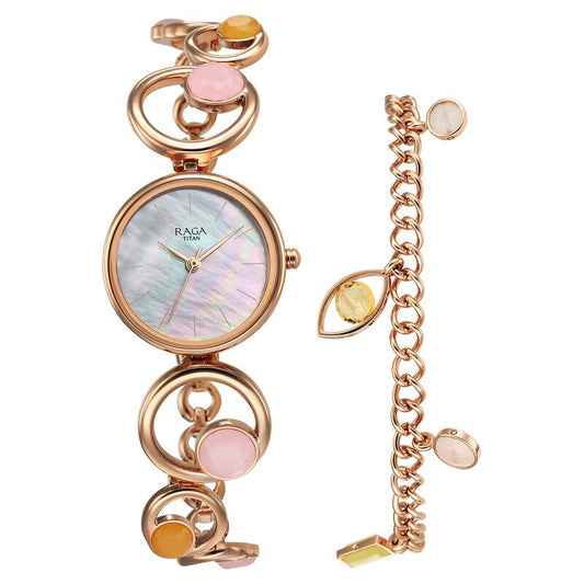 Titan Raga New You Quartz Analog Mother Of Pearl Citrine and Rose Quartz stones Strap for Women 95194WM01F