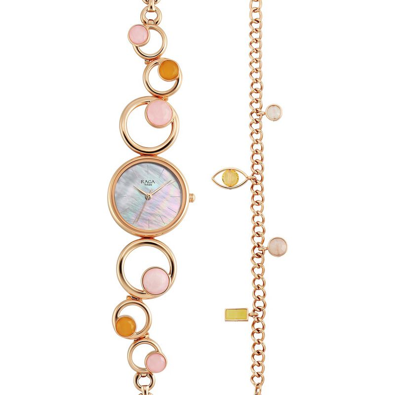 Titan Raga New You Quartz Analog Mother Of Pearl Citrine and Rose Quartz stones Strap for Women 95194WM01F