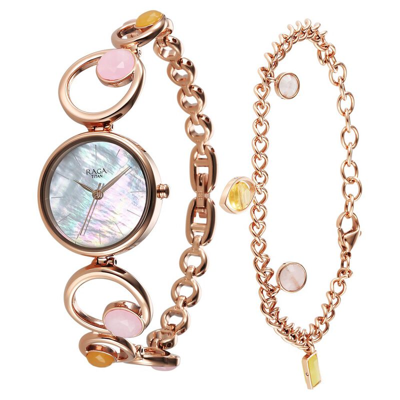 Titan Raga New You Quartz Analog Mother Of Pearl Citrine and Rose Quartz stones Strap for Women 95194WM01F