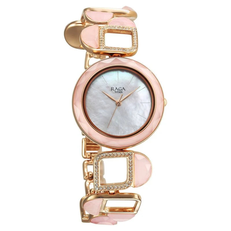 Titan Raga New You Quartz Analog Mother Of Pearl Dial Rose Quartz stone Strap Watch for Women 95196WM01