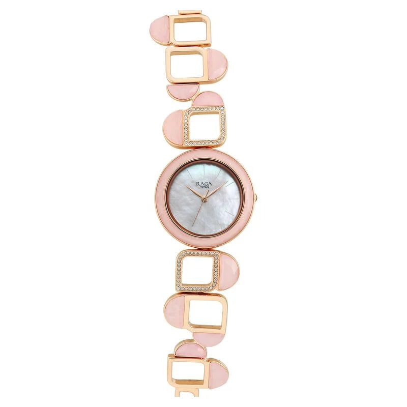 Titan Raga New You Quartz Analog Mother Of Pearl Dial Rose Quartz stone Strap Watch for Women 95196WM01