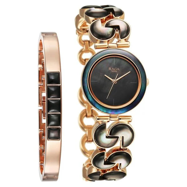 Titan Raga Black Pearl Quartz Analog Mother Of Pearl Dial Metal Strap Watch For Women 95233wm02f