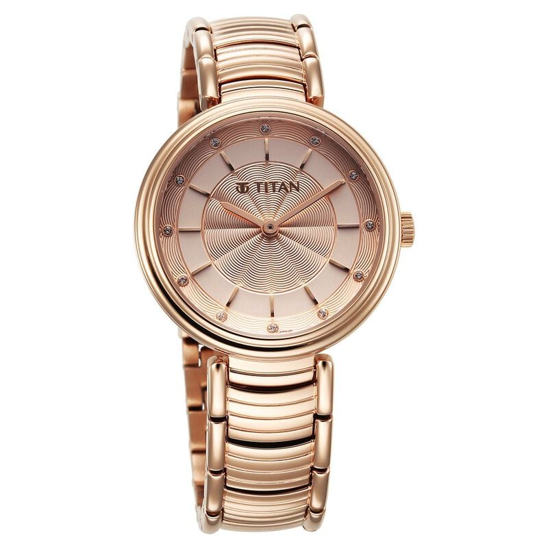 Titan Aura Quartz Analog Rose Gold Dial Rose Gold Stainless Steel Strap Watch for Women 95240WM01