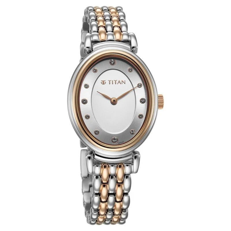 Titan Aura Quartz Analog Silver Dial With Two Toned Stainless Steel Strap Watch For Women 95242KM01