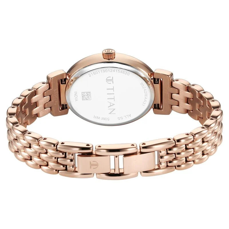 Titan Aura Quartz Analog Rose Gold Dial Rose Gold Stainless Steel Strap Watch for Women 95242WM01