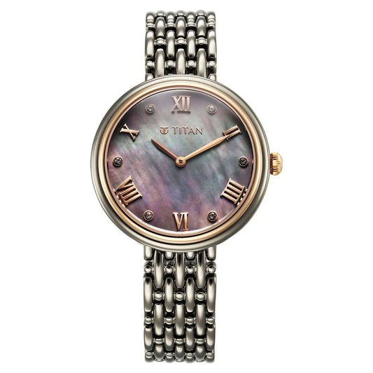 Titan Aura Quartz Analog Titanium Mother of Pearl Dial Titanium Stainless Steel Strap Watch for Women 95243KM01