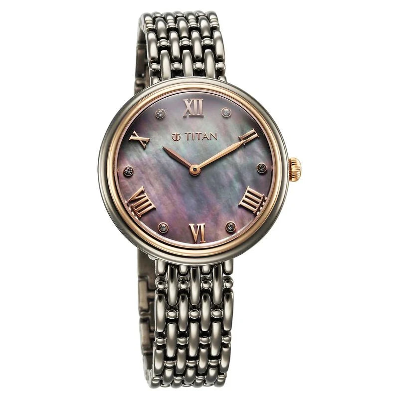 Titan Aura Quartz Analog Titanium Mother of Pearl Dial Titanium Stainless Steel Strap Watch for Women 95243KM01