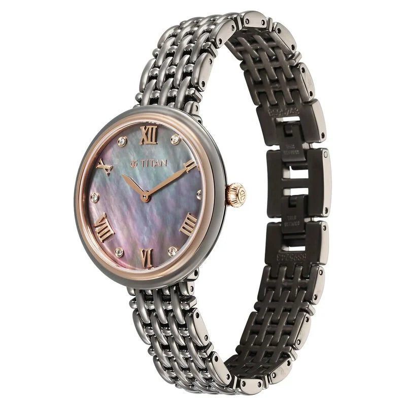 Titan Aura Quartz Analog Titanium Mother of Pearl Dial Titanium Stainless Steel Strap Watch for Women 95243KM01