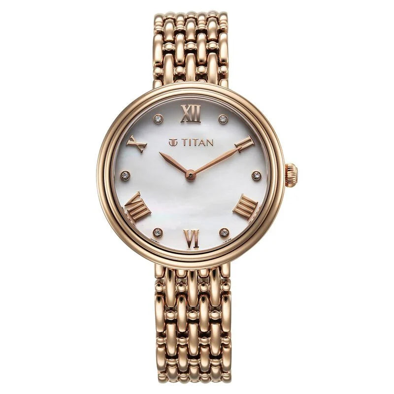 Titan Aura Quartz Analog White Mother of Pearl Dial Rose Gold Stainless Steel Strap Watch for Women 95243WM01