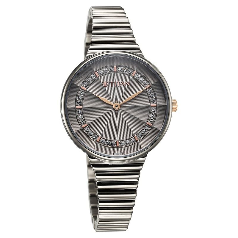 Titan Aura Quartz Analog Grey Dial Stainless Steel Strap Watch for Women 95245KM02