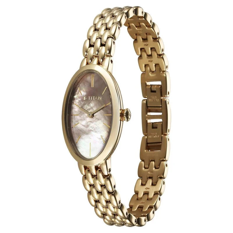 Titan Aura Quartz Analog Mother Of Pearl Dial Stainless Steel Strap Watch for Women 95246YM01