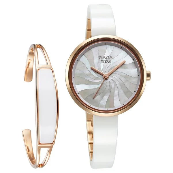 Titan Raga Memoirs Quartz Analog Mother Of Pearl Dial With White Ceramic Strap Watch For Women 95253kd01f