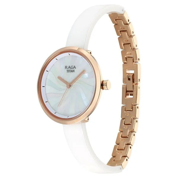 Titan Raga Memoirs Quartz Analog Mother Of Pearl Dial With White Ceramic Strap Watch For Women 95253kd01f