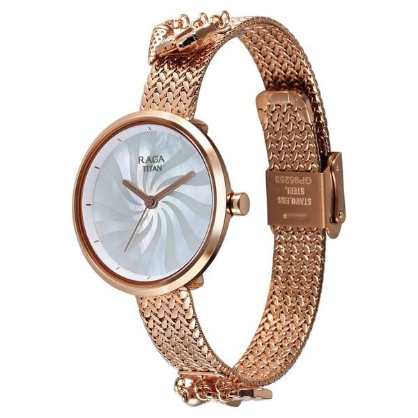 Titan Raga Memoirs Quartz Analog Mother Of Pearl Dial With Rose Gold Metal Strap Watch For Women 95253wm01f