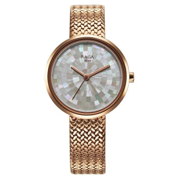 Titan Raga Memoirs Quartz Analog Mother Of Pearl Dial With Rose Gold Metal Strap Watch For Women 95253wm02f