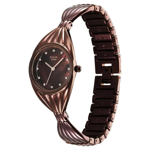 Titan Raga Memoirs Quartz Analog Mother Of Pearl Dial With Brown Metal Strap Watch For Women 95254qm01f